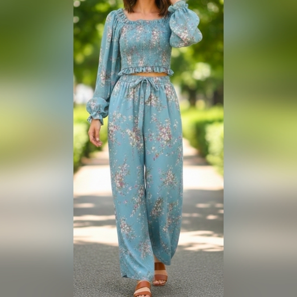 Women's Smocked Chiffon Balloon Sleeve Blouse/ Palazzo Pants 2pc ASH BLUE Small
